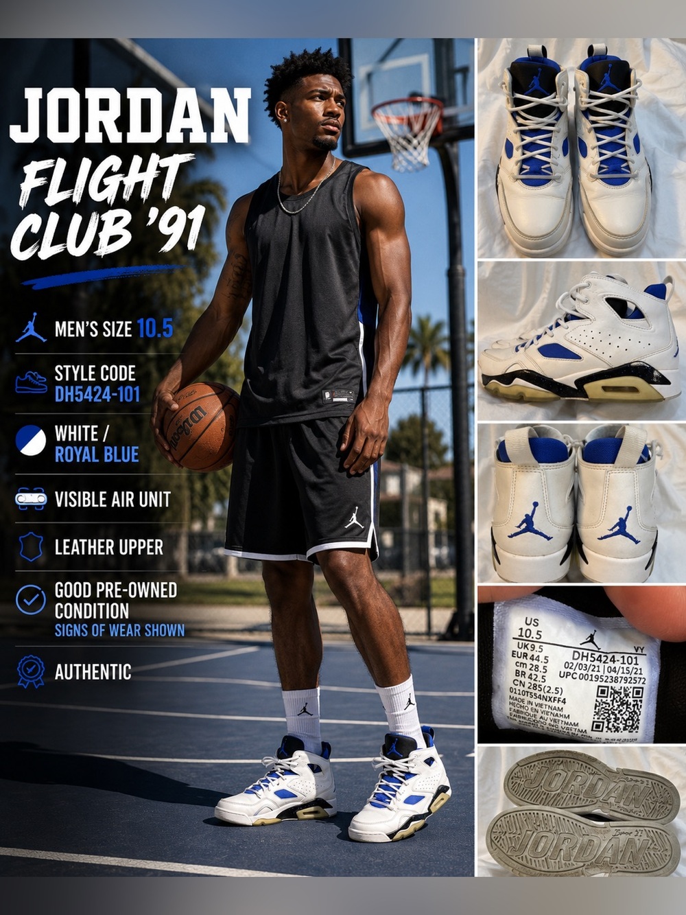 Nike Air Jordan Flight Club ‘91 White Royal Bue Men’s Size 10.5